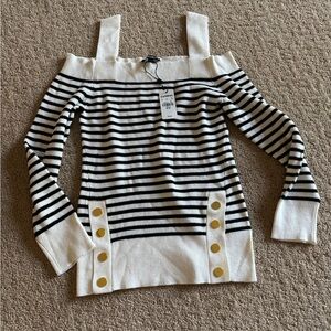 Express Women's White Black Striped Square Neck Pullover Sweater Button Detail M